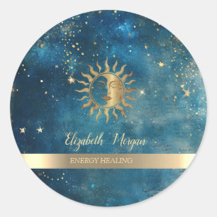 Elegante Gouden Zon Sterren Blauwe Aquarel Ronde Sticker