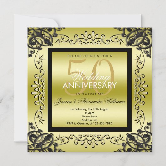 Elegante Gouden & Zwarte 50e Huwelijksverjaardag D Kaart (Voorkant)