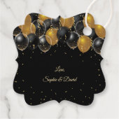 Elegante gouden zwarte ballonnen confetti bruiloft bedankjes labels (Achterkant)