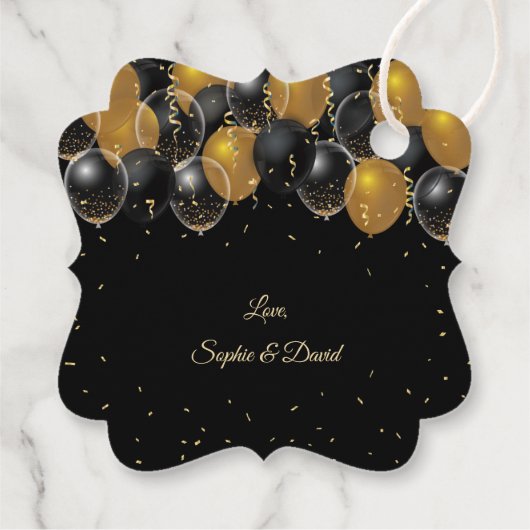 Elegante gouden zwarte ballonnen confetti bruiloft bedankjes labels (Achterkant)