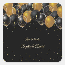 Elegante gouden zwarte ballonnen confetti bruiloft vierkante sticker