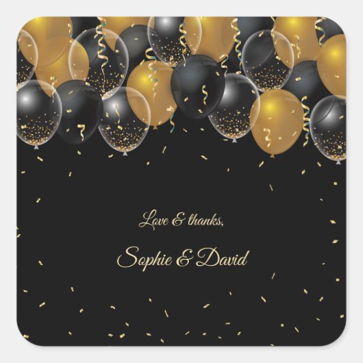 Elegante gouden zwarte ballonnen confetti bruiloft vierkante sticker (Voorkant)