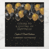 Elegante gouden zwarte ballonnen confetti bruiloft wijn etiket (Enkel label)