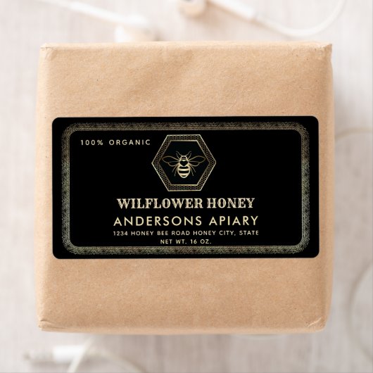  elegante gouden zwarte bijenhoningpot etiket (Insitu)