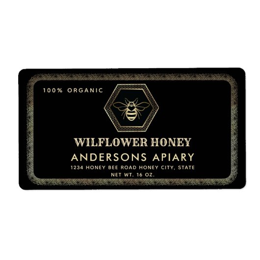  elegante gouden zwarte bijenhoningpot etiket (Voorkant)