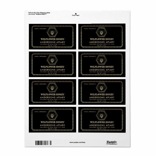  elegante gouden zwarte bijenhoningpot etiket (Full Sheet)