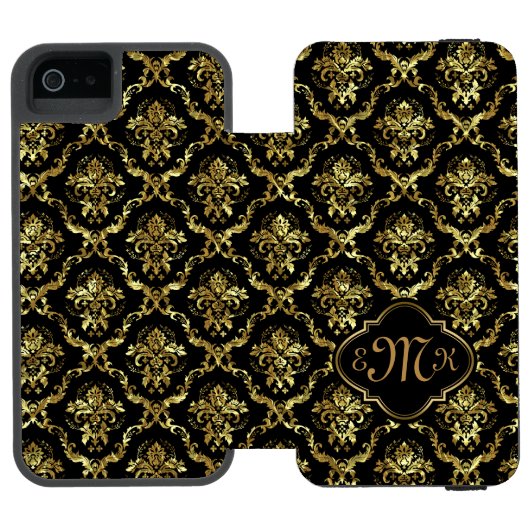 Elegante gouden & zwarte bloemdamast incipio iPhone portemonnee hoesje (Agenda Open)