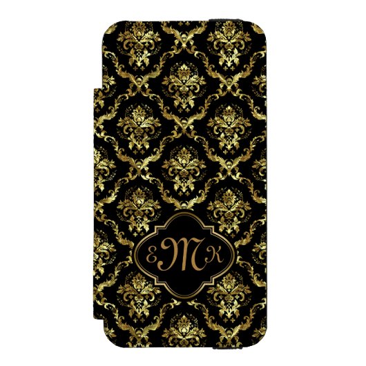 Elegante gouden & zwarte bloemdamast incipio iPhone portemonnee hoesje (Voorkant Agenda)