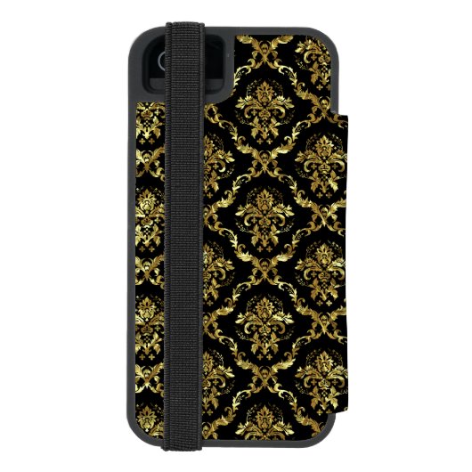 Elegante gouden & zwarte bloemdamast incipio iPhone portemonnee hoesje (Agenda Achterkant)
