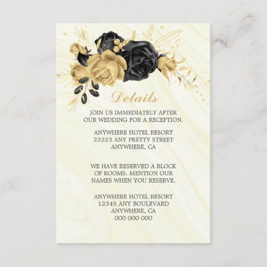 Elegante gouden & zwarte bloemen & bladeren detail informatiekaartje (Voorkant)