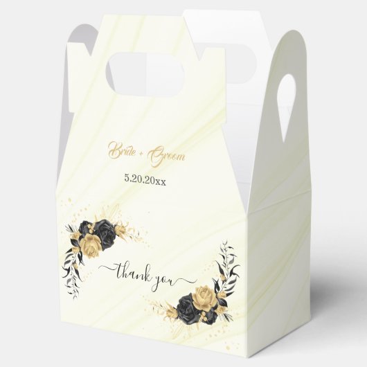 Elegante gouden & zwarte bloemen bruiloft bedankdoosjes (Geopend)