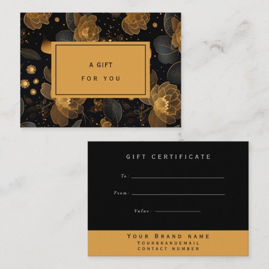 Elegante gouden & zwarte bloemen | cadeaubon notitiekaartje (Voorkant / Achterkant)