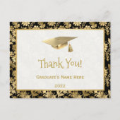 Elegante Gouden Zwarte Bloemige Bedankt Afstudeerc Briefkaart (Voorkant)