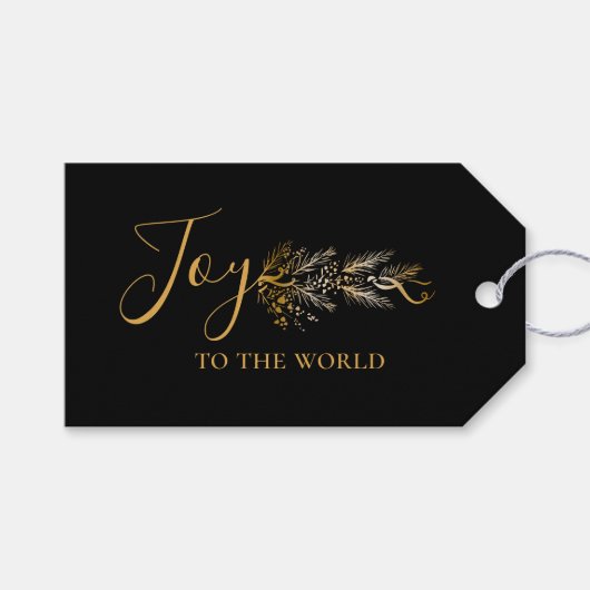 Elegante gouden zwarte botanische moderne kerstvre cadeaulabel (Voorkant (Horizontaal))