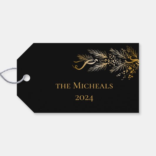 Elegante gouden zwarte botanische moderne kerstvre cadeaulabel (Achterkant Horizontaal)