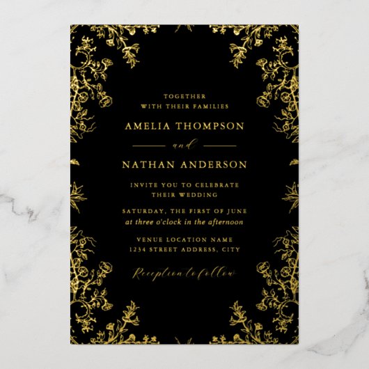 Elegante  gouden zwarte bruiloft folie uitnodiging (Voorkant)