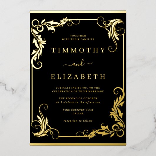Elegante  gouden zwarte bruiloft folie uitnodiging (Voorkant)