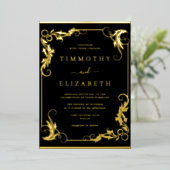 Elegante  gouden zwarte bruiloft folie uitnodiging (Staand Voorkant)