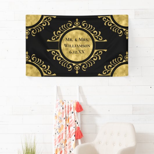 Elegante gouden zwarte bruiloft meneer en mevrouw. spandoek (Insitu)