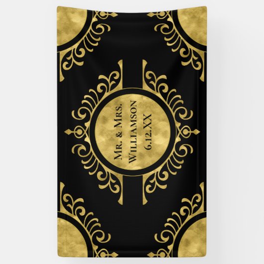 Elegante gouden zwarte bruiloft meneer en mevrouw. spandoek (Verticaal)