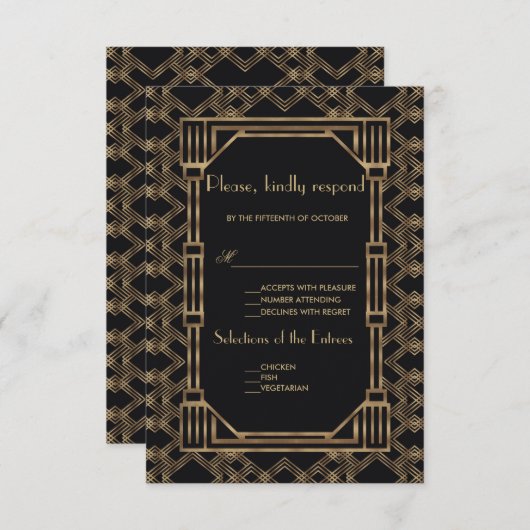Elegante Gouden Zwarte Gatsby Bruiloft RSVP jaren  (Voorkant / Achterkant)
