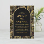 Elegante gouden zwarte geometrische art deco bruil kaart (Staand voorkant)