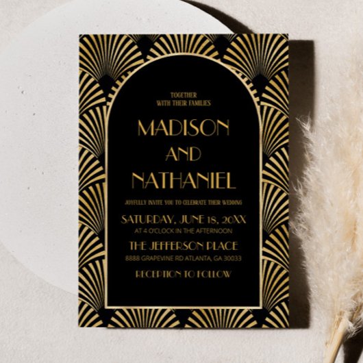 Elegante gouden zwarte geometrische art deco bruil kaart