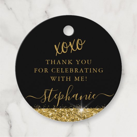 Elegante Gouden Zwarte Glitter Bedankt Aangepast Bedankjes Labels (Voorkant)