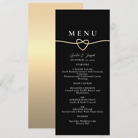 Elegante gouden zwarte huwelijksdiner menu (Voorkant / Achterkant)