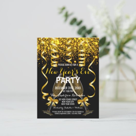 Elegante gouden zwarte oudejaarsuitnodiging briefkaart (Staand voorkant)