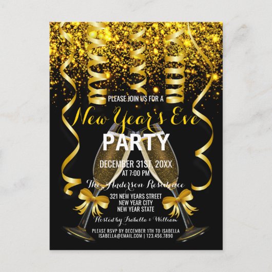 Elegante gouden zwarte oudejaarsuitnodiging briefkaart (Voorkant)