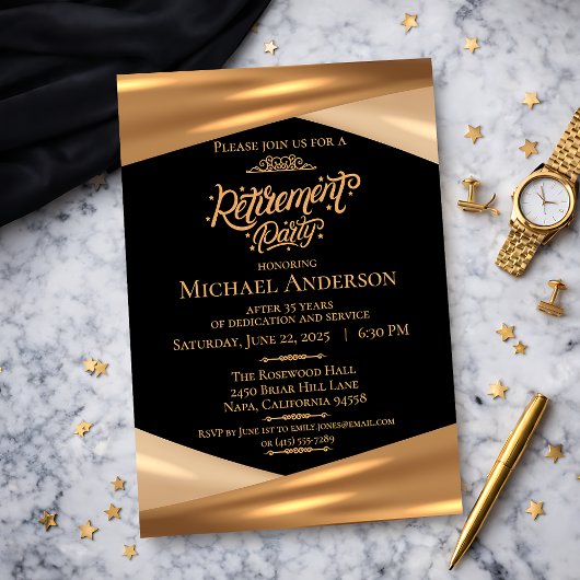 Elegante gouden zwarte pensioensfeest  kaart