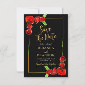 Elegante gouden zwarte rode rozen bruiloft save th kaart (Voorkant)