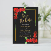 Elegante gouden zwarte rode rozen bruiloft save th kaart (Staand voorkant)