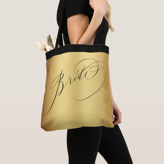 Elegante gouden zwarte script bruid bruiloft tote bag (Dichtbij)