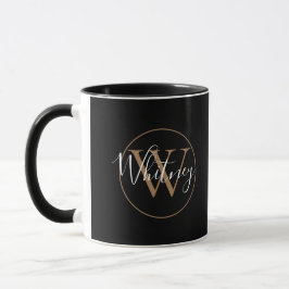 Elegante Gouden Zwarte Script Monogram Naam Mok