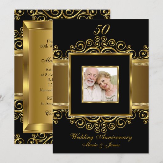 Elegante Gouden & Zwarte Spiraal Foto 50 Jubileum Kaart (Voorkant / Achterkant)