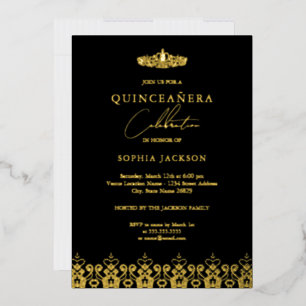 Elegante Gouden Zwarte Tiara Quinceanera Folie Uitnodiging