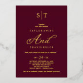 Elegante goudfolie | Bourgogne monogram bruiloft Folie Uitnodiging (Voorkant)