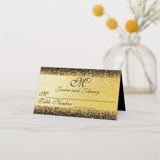 Elegante goudfolie Confetti op zwart Plaatskaartje (Voorkant)