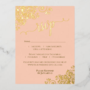 Elegante goudfolie op Coral Peach Wedding RSVP Kaa Folie Uitnodiging Briefkaart