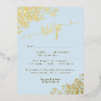 Elegante goudfolie op lichtblauwe bruiloft RSVP Ka