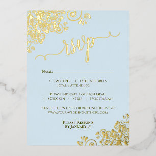 Elegante goudfolie op lichtblauwe bruiloft RSVP Ka Folie Uitnodiging Briefkaart