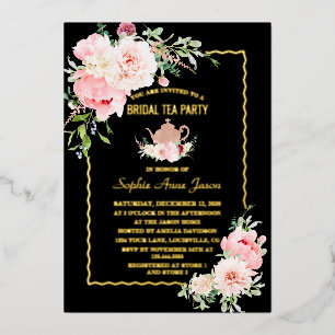 Elegante GOUDFOLIE Roze Bloemen Bruids Thee Party Folie Uitnodiging