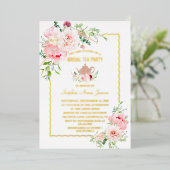 Elegante GOUDFOLIE Roze Bloemen Bruids Theepartij Folie Uitnodiging (Staand Voorkant)