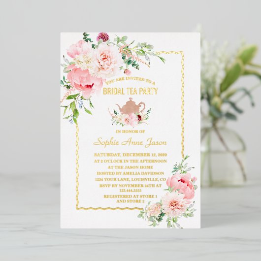 Elegante GOUDFOLIE Roze Bloemen Bruids Theepartij Folie Uitnodiging (Staand Voorkant)