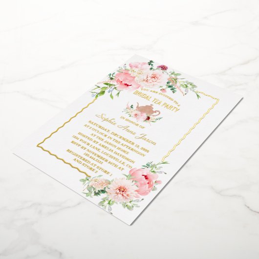 Elegante GOUDFOLIE Roze Bloemen Bruids Theepartij Folie Uitnodiging (Gedraaid)