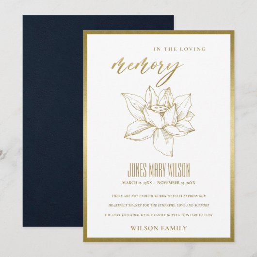 ELEGANTE GOUDFOLIE WATER LILY SYMPATHY MEMORIAL BEDANKKAART (Voorkant / Achterkant)