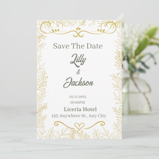 Elegante Goudkleurige Blad Save the Date Kaart | M (Staand voorkant)