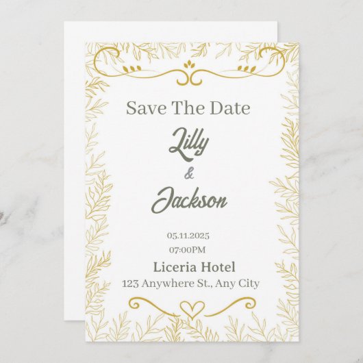 Elegante Goudkleurige Blad Save the Date Kaart | M (Voorkant / Achterkant)